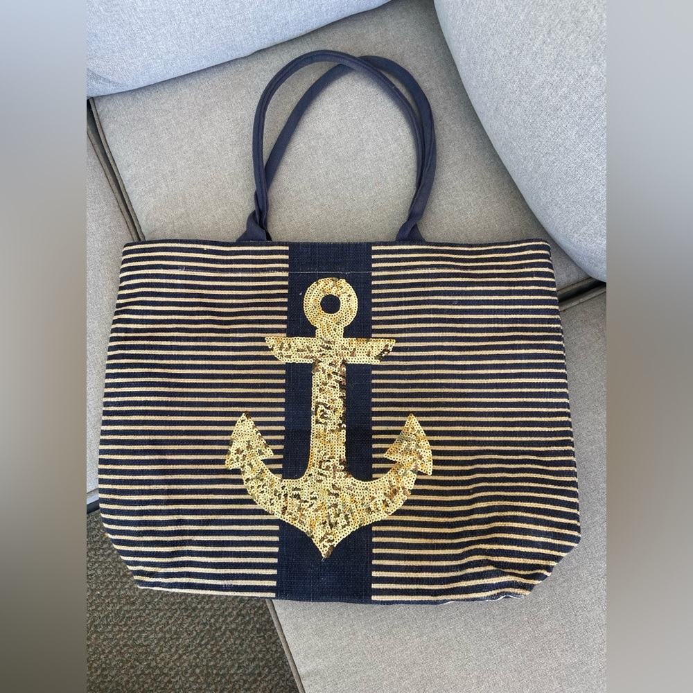 Mud Pie Navy and Gold Striped Anchor Tote